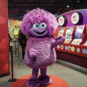 Purple Meatballs mascot costume character dressed with a Mini Dress and Coin purses
