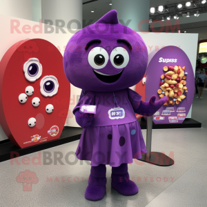 Purple Meatballs mascot costume character dressed with a Mini Dress and Coin purses