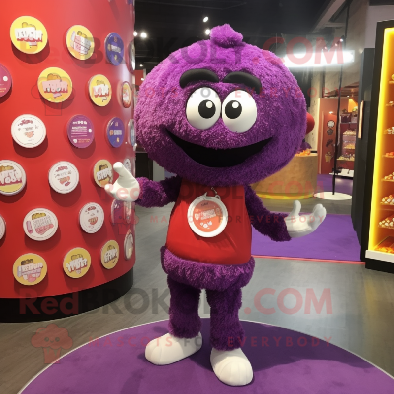 Purple Meatballs mascot costume character dressed with a Mini Dress and Coin purses Purple Meatballs mascot costume character dressed with a Mini Dress and Coin purses
