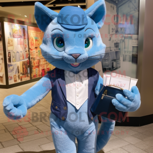Blue Cat mascot costume character dressed with a Dress Shirt and Wallets