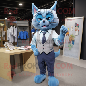 Blue Cat mascot costume character dressed with a Dress Shirt and Wallets