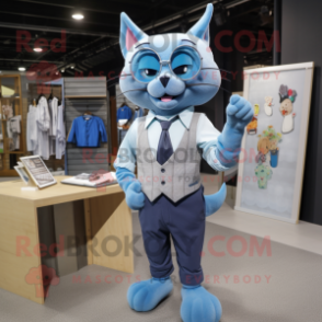 Blue Cat mascot costume character dressed with a Dress Shirt and Wallets