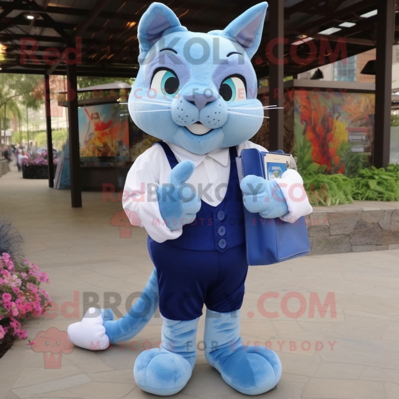 Blue Cat mascot costume character dressed with a Dress Shirt and Wallets Blue Cat mascot costume character dressed with a Dress Shirt and Wallets