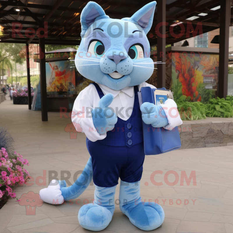 Blue Cat mascot costume character dressed with a Dress Shirt and Wallets