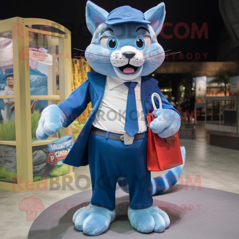 Blue Cat mascot costume character dressed with a Dress Shirt and Wallets