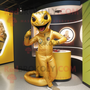 Gold Titanoboa mascot costume character dressed with a Rash Guard and Rings