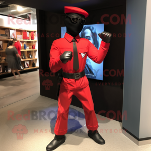 Red Gi Joe mascot costume character dressed with a Oxford Shirt and Bow ties