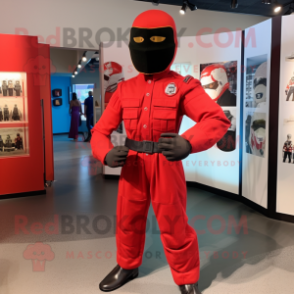 Red Gi Joe mascot costume character dressed with a Oxford Shirt and Bow ties
