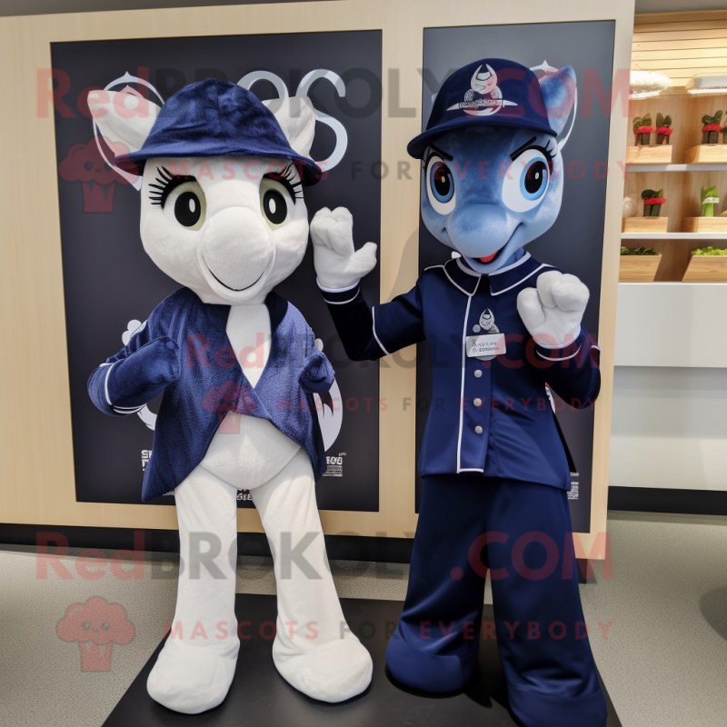 Navy Mare mascot costume character dressed with a Wrap Dress and Gloves Navy Mare mascot costume character dressed with a Wrap Dress and Gloves