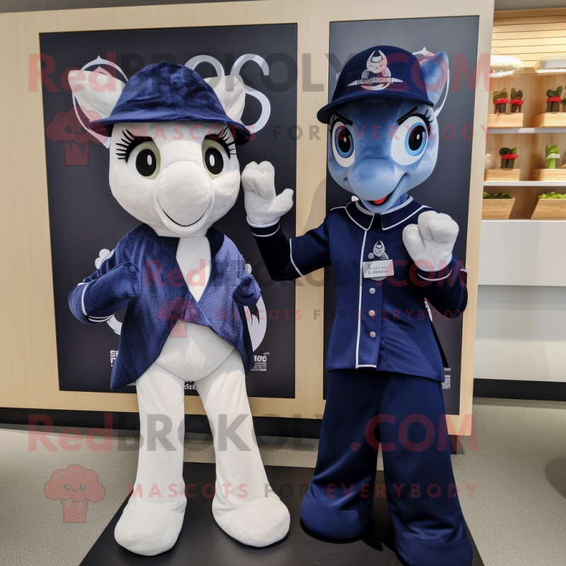 Navy Mare mascot costume character dressed with a Wrap Dress and Gloves