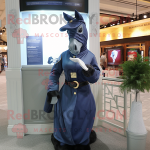 Navy Mare mascot costume character dressed with a Wrap Dress and Gloves