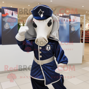 Navy Mare mascot costume character dressed with a Wrap Dress and Gloves