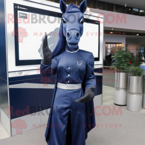 Navy Mare mascot costume character dressed with a Wrap Dress and Gloves