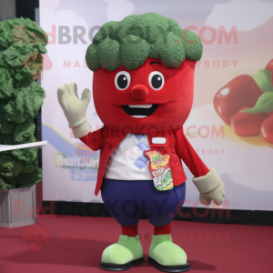 Red Broccoli mascot costume character dressed with a T-Shirt and Pocket squares