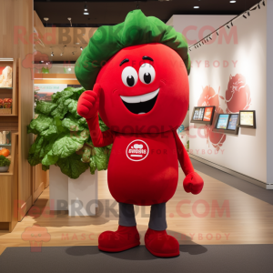 Red Broccoli mascot costume character dressed with a T-Shirt and Pocket squares