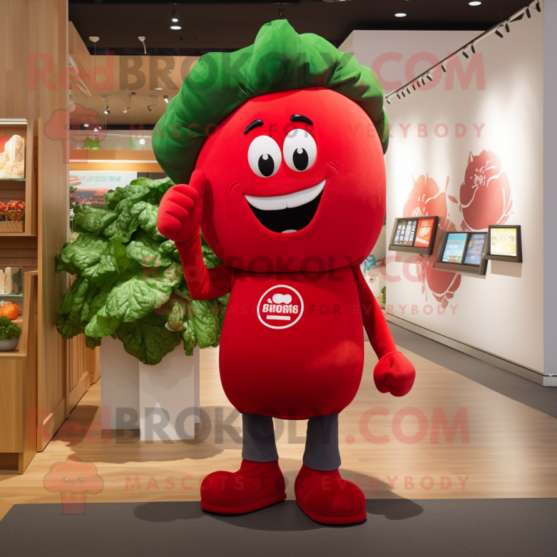 Red Broccoli mascot costume character dressed with a T-Shirt and Pocket squares Red Broccoli mascot costume character dressed with a T-Shirt and Pocket squares