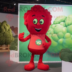 Red Broccoli mascot costume character dressed with a T-Shirt and Pocket squares