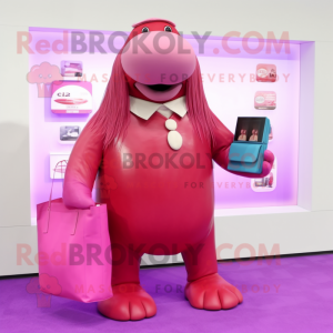 Magenta Walrus mascot costume character dressed with a Culottes and Wallets