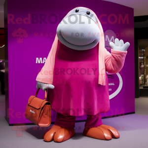 Magenta Walrus mascot costume character dressed with a Culottes and Wallets