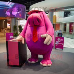 Magenta Walrus mascot costume character dressed with a Culottes and Wallets