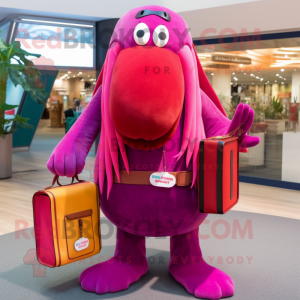 Magenta Walrus mascot costume character dressed with a Culottes and Wallets