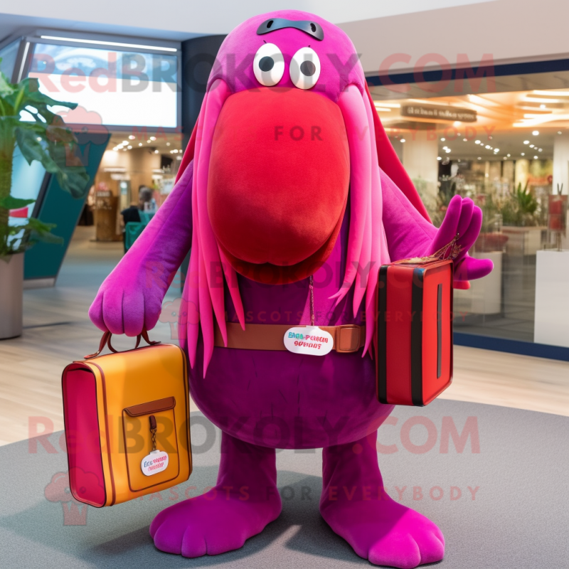 Magenta Walrus mascot costume character dressed with a Culottes and Wallets Magenta Walrus mascot costume character dressed with a Culottes and Wallets