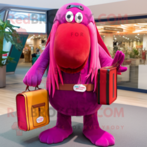 Magenta Walrus mascot costume character dressed with a Culottes and Wallets