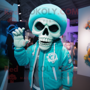 Cyan Skull mascot costume character dressed with a Windbreaker and Brooches