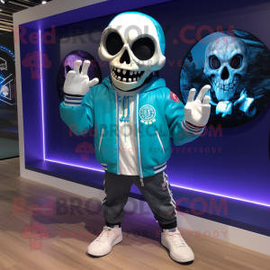 Cyan Skull mascot costume character dressed with a Windbreaker and Brooches