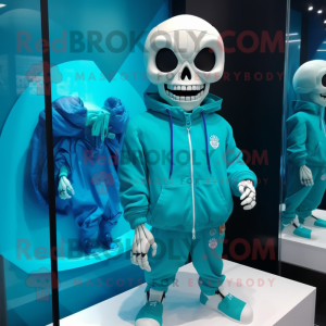 Cyan Skull mascot costume character dressed with a Windbreaker and Brooches