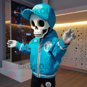 Cyan Skull mascot costume character dressed with a Windbreaker and Brooches