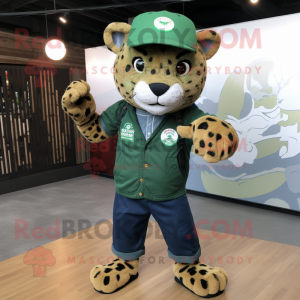 Forest Green Leopard mascot costume character dressed with a Oxford Shirt and Beanies