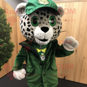 Forest Green Leopard mascot costume character dressed with a Oxford Shirt and Beanies