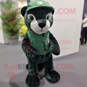 Forest Green Leopard mascot costume character dressed with a Oxford Shirt and Beanies