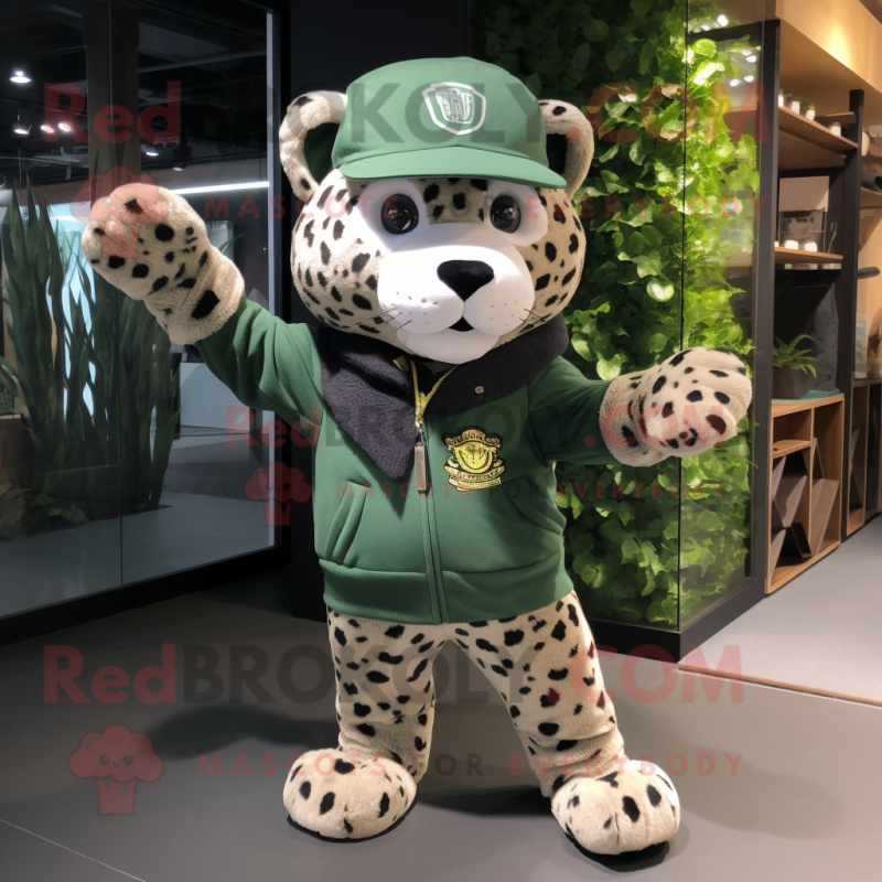 Forest Green Leopard mascot costume character dressed with a Oxford Shirt and Beanies