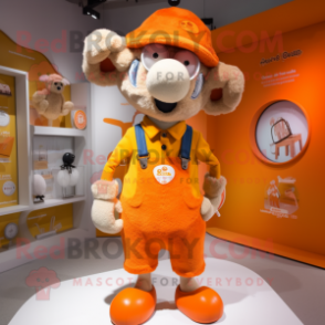 Orange Sheep mascot costume character dressed with a Dungarees and Hat pins