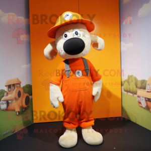 Orange Sheep mascot costume character dressed with a Dungarees and Hat pins