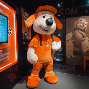 Orange Sheep mascot costume character dressed with a Dungarees and Hat pins