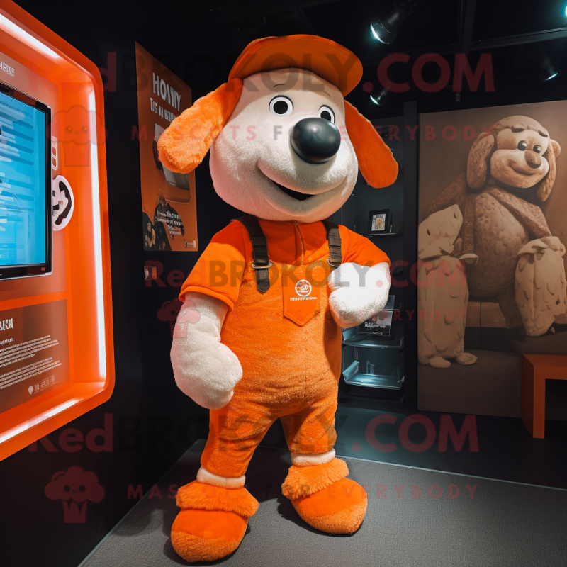 Orange Sheep mascot costume character dressed with a Dungarees and Hat pins