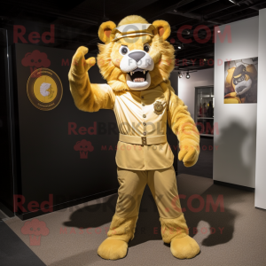 Gold Tamer Lion mascot costume character dressed with a Jumpsuit and Suspenders