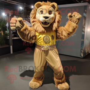 Gold Tamer Lion mascot costume character dressed with a Jumpsuit and Suspenders