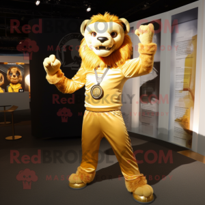 Gold Tamer Lion mascot costume character dressed with a Jumpsuit and Suspenders