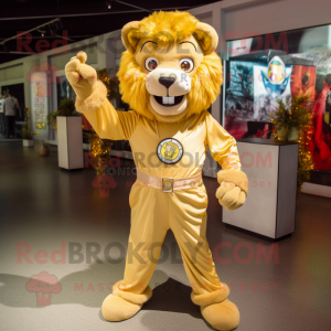 Gold Tamer Lion mascot costume character dressed with a Jumpsuit and Suspenders