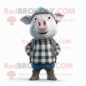 Gray Pig mascot costume character dressed with a Sweater and Beanies