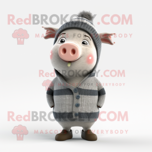 Gray Pig mascot costume character dressed with a Sweater and Beanies