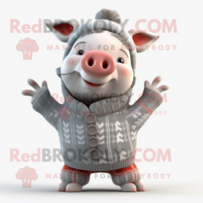 Gray Pig mascot costume character dressed with a Sweater and Beanies