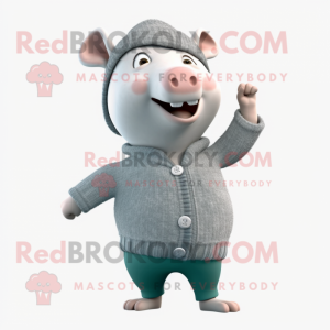 Gray Pig mascot costume character dressed with a Sweater and Beanies