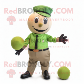 Olive Petanque Ball mascot costume character dressed with a Dress Pants and Mittens