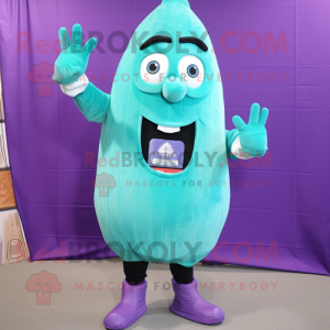 Cyan Eggplant mascot costume character dressed with a Bermuda Shorts and Foot pads