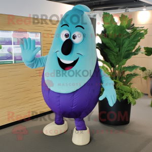 Cyan Eggplant mascot costume character dressed with a Bermuda Shorts and Foot pads